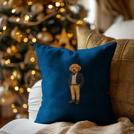 Weihnachtskissen "Labradoodle Old Money" blau