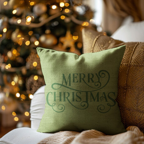 Weihnachtskissen "Merry Christmas Swirl" grün / leinen optik