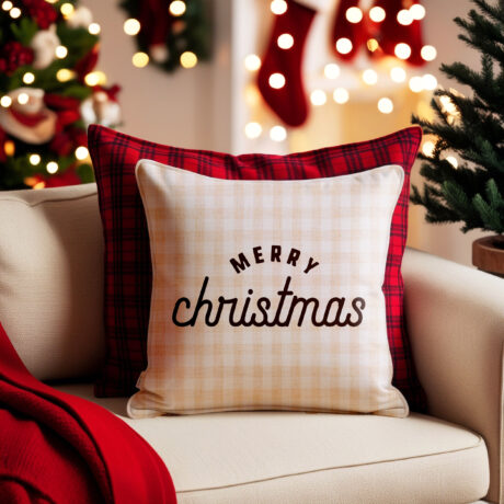 Weihnachtskissen "Merry Christmas Old School" braun / beige kariert