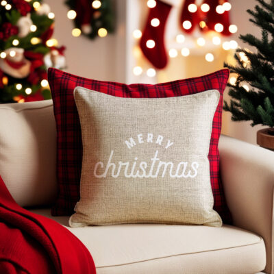 Weihnachtskissen "Merry Christmas Old School" creme / Leinen Optik