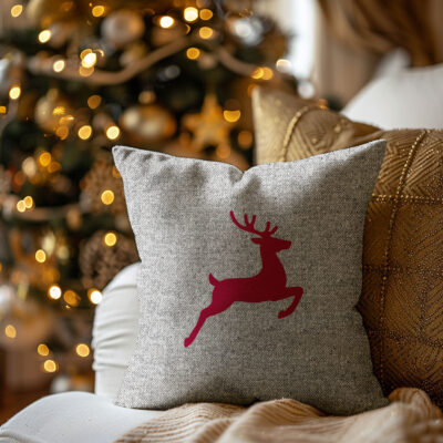Weihnachtskissen "Hirsch rot" grau / Strick Optik
